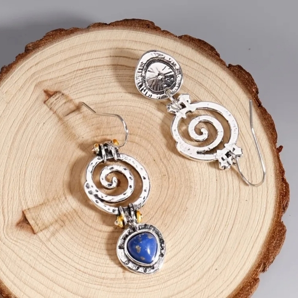 🏷SOLD. Boho dangle earrings Blue hollow stone Antique tribal. NWT 🏆HOST PICK🏆 - Picture 5 of 6